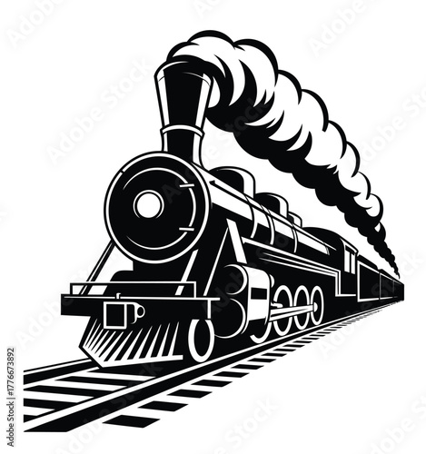 Vintage steam locomotive puffing smoke on railroad tracks