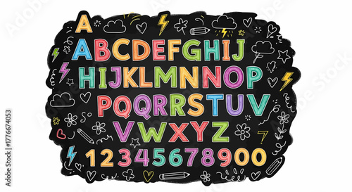 Colorful chalk doodle alphabet and numbers on a blackboard background. A creative learning vector illustration
