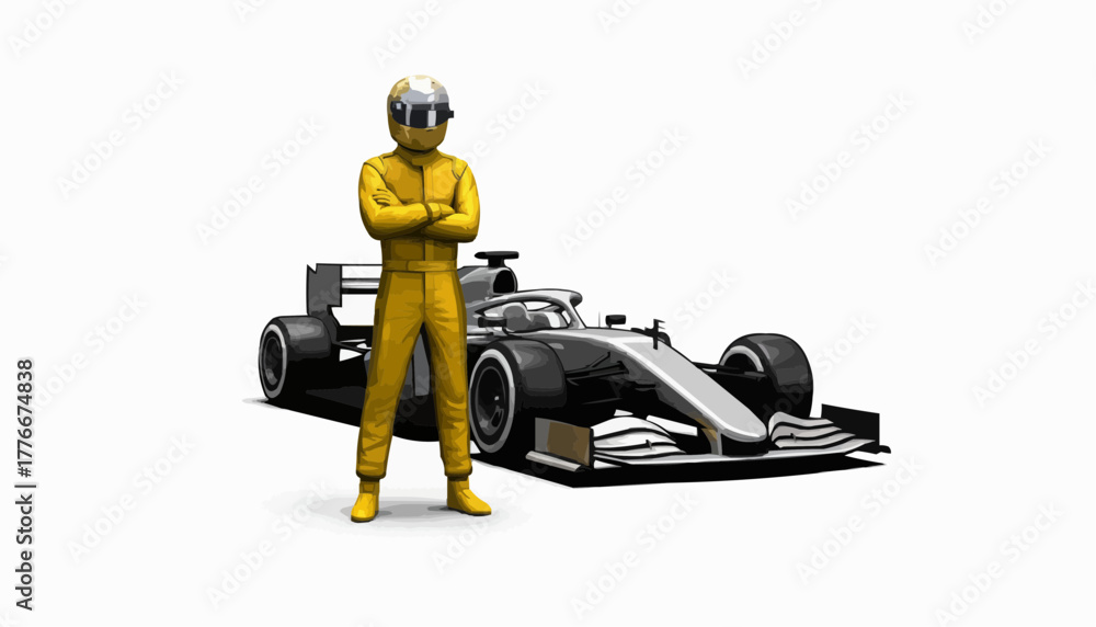 Obraz premium Dynamic formula race car and driver ready for speed, a modern motorsport illustration, perfect for sports enthusiasts and racing teams, full speed ahead!
