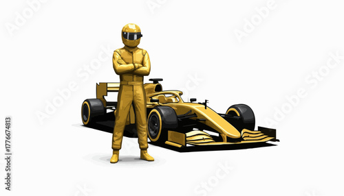 Golden race car and driver ready for competition, showcasing speed and performance in motorsports, originally a scalable vector graphic for dynamic use