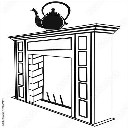 A black silhouette of a teapot sitting on a fireplace mantel in a minimalist design illustration