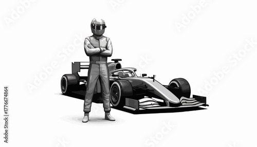 Formula racer standing confidently with sleek, modern race car, showcasing speed, technology, and competitive spirit for motorsport enthusiasts
