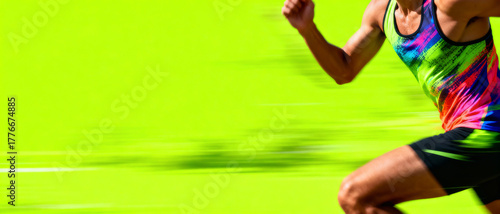 Runner's torso in bright multicolored tank top with motion blur effect against vibrant lime green background.