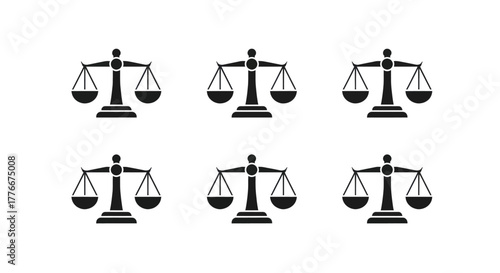 Symbolic scales of justice arranged in a balanced grid, representing fairness and legal concepts.