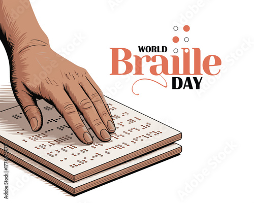 World braille day background with a hand reading braille on paper.
