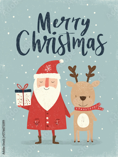 Vintage Christmas illustration with Santa holding gift and reindeer — festive artwork for posters and stationery, greeting cards, seasonal design, christmas visual, print, digital use, editorial use.