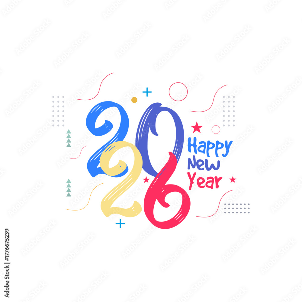 Naklejka premium New Year Celebration 2026: Celebrate the dawn of 2026 with a vibrant and joyful design. This colorful artwork captures the spirit of new beginnings and festive cheer.