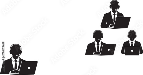 Call center agents working on laptops silhouette