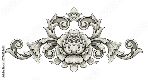 Ornate floral design: A sophisticated floral embellishment showcases meticulous detail and elegance, ideal for design projects requiring an artistic touch. 