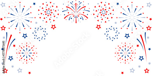 Firework vector icons set isolated on transparent background with copy space. Celebrate 4th of July banner. Red, blue, white usa flag color firework border, firecracker frame.