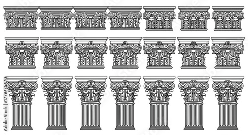 Architectural Array: A detailed array showcases the intricate beauty of ornate classical columns, emphasizing the meticulous artistry of architectural design, displaying architectural details.
