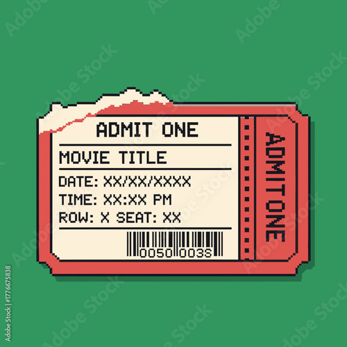 A retro pixel art illustration of a red 'Admit One' movie ticket on a solid green background.