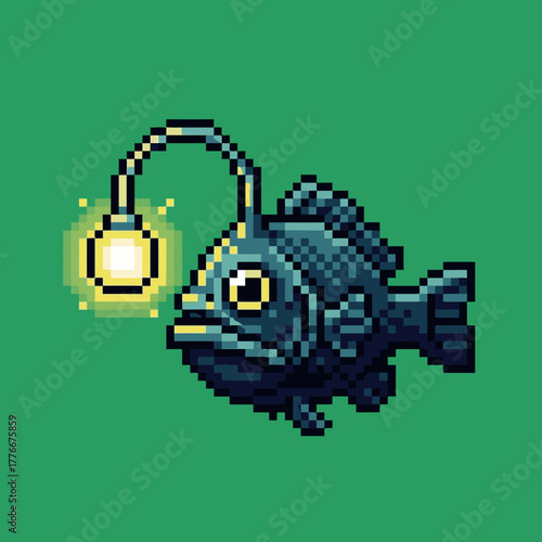 Pixel art illustration of a deep sea anglerfish with its bioluminescent lure glowing brightly against a green background.