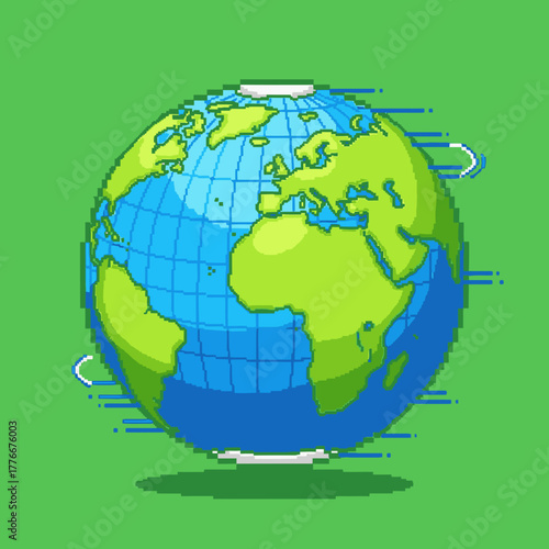 Pixel art illustration of a spinning planet Earth globe showing continents and oceans on a green background.