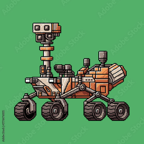 A detailed pixel art illustration of a robotic Mars rover explorer vehicle, created in a retro 8-bit video game style.