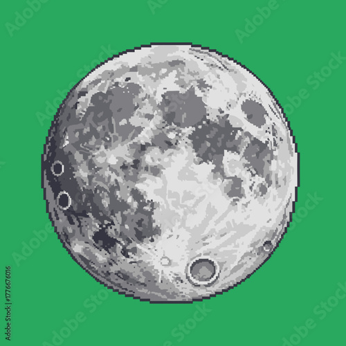 A detailed pixel art illustration of the full moon, showcasing its craters and surface against a solid green background.