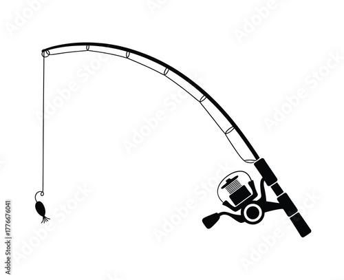 Black and white illustration of a fishing rod and reel with a lure