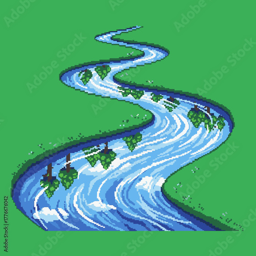 A pixel art illustration of a winding river flowing through a green landscape with tree reflections.