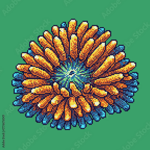A vibrant pixel art illustration of a sea anemone with orange and blue tentacles on a solid green background.