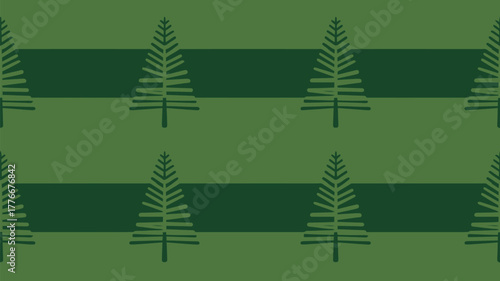 Repeating pattern of stylized evergreen trees with horizontal stripes in shades of green color palette