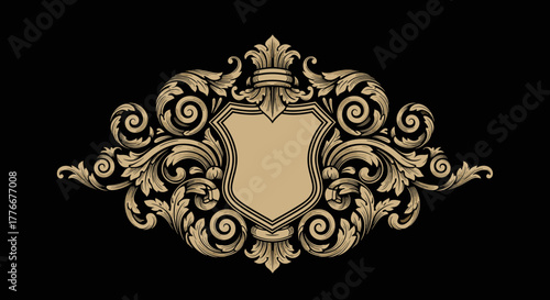 Ornamental Crest: A meticulously crafted ornamental crest in elegant gold, showcasing a blend of floral and scroll elements, perfect for adding a touch of prestige and sophistication.