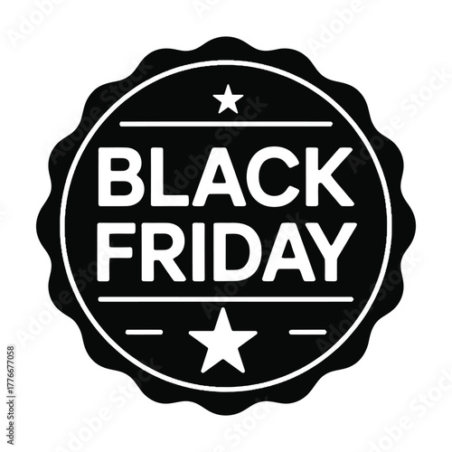 Promotional Black Friday Sale Stamp with Stars and Scalloped Edge for E Commerce and Retail Marketing Campaigns Special Offers and Discount Season