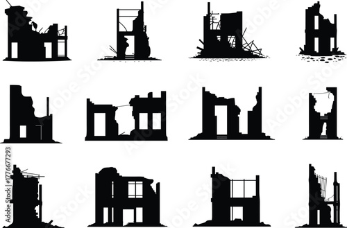 Ruined building silhouettes vector illustration, destroyed architecture icons, abandoned urban decay structures, collapsed house shapes, post apocalyptic city ruins design