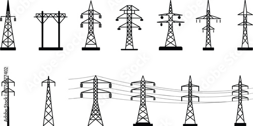 Silhouette vector collection of electrical transmission towers with multiple designs, insulators, power lines and electricity distribution infrastructure system