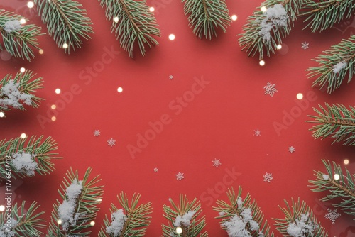 Wallpaper Mural Christmas background with pine branches and snowflakes on a red surface top view Torontodigital.ca