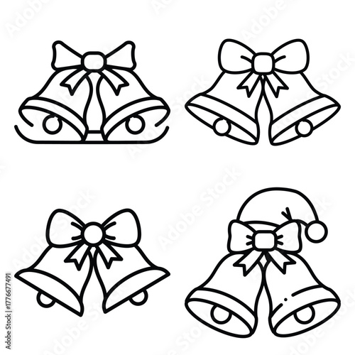santa sleigh bells icon set, black color and white background