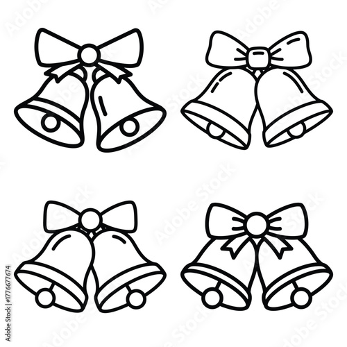 sleigh bells outline icon set, black color and white background