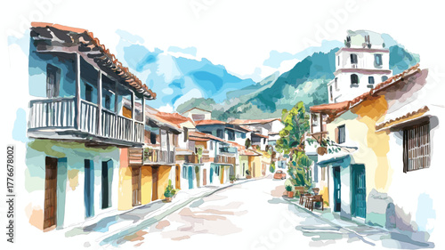 Banos de Agua Santa. Banos de Agua Santa hand drawn watercolor illustration