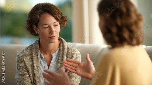 female therapist sitting beside young woman on couch offering supportive conversation warm daylight muted background mental health care empathy three quarter wide angle cinematic
