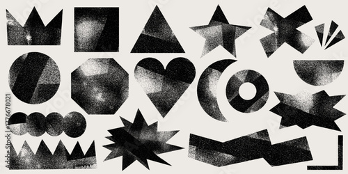 Set of black grunge postage stamp shapes with linocut and ink roller texture. Handcrafted letterpress geometric forms like heart, crown, and star. Rough detailed vintage linocut texture vector design.