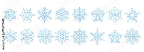 Cute minimalistic snowflakes collection. Festive winter holiday decorations for Christmas and New Year. Flat vector illustration on white background