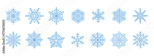 Cute minimalistic snowflakes collection. Festive winter holiday decorations for Christmas and New Year. Flat vector illustration on white background