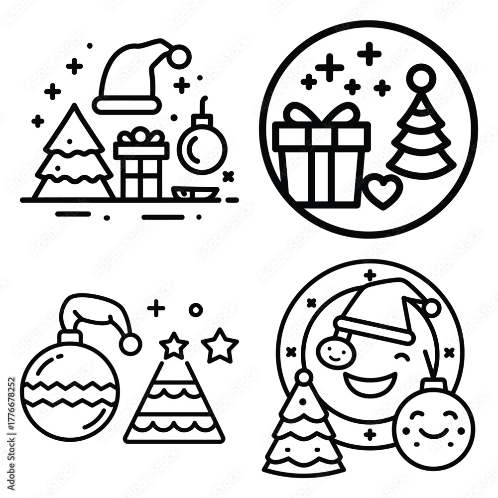 Fototapeta premium holiday celebration outline icon set, black color and white background