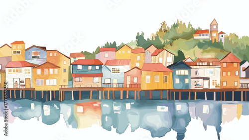 Chiloe Island. Chiloe Island hand drawn watercolor illustration