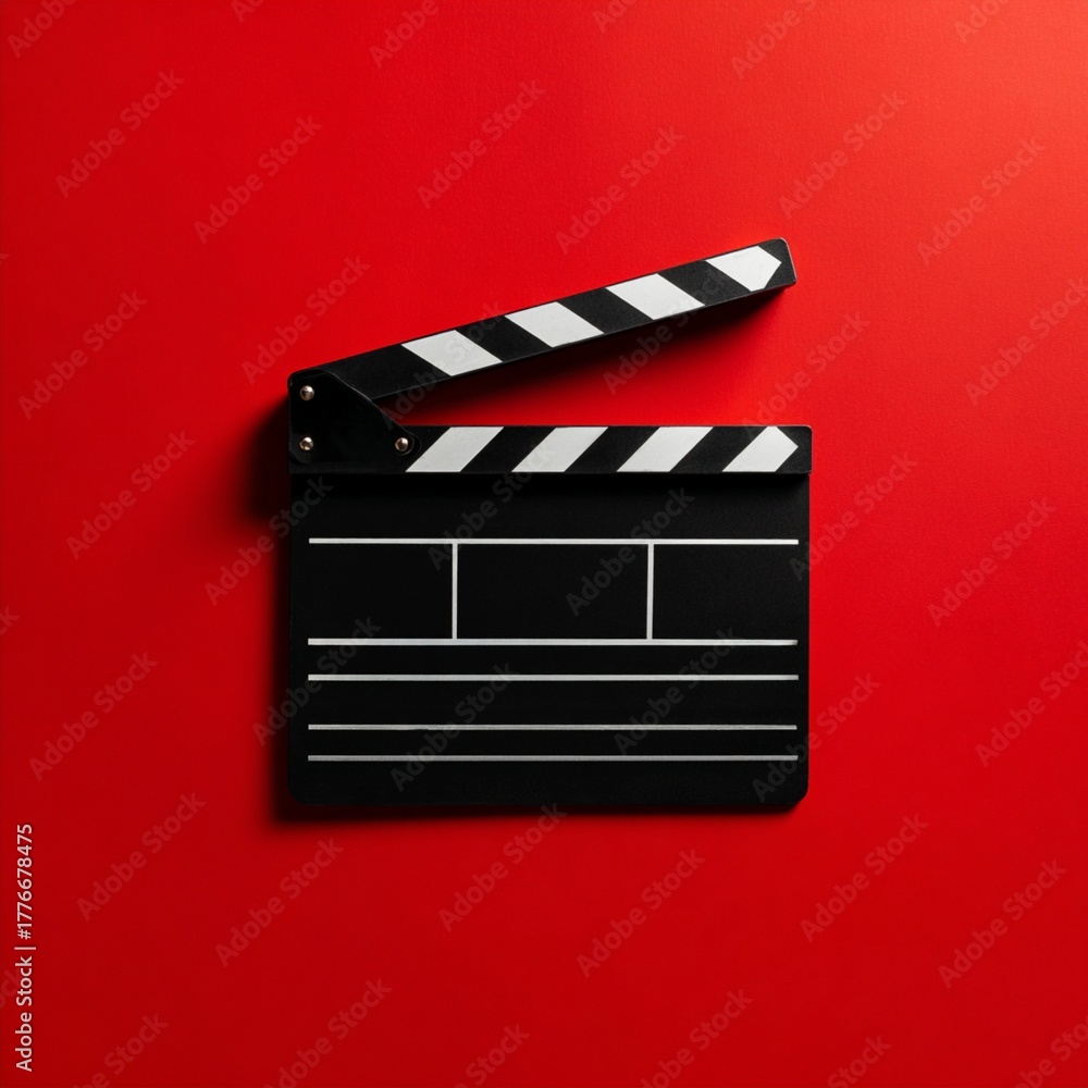 Fototapeta premium Cinematic clapperboard against vibrant red background symbolizing the art of filmmaking and creative visual storytelling