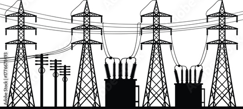 Silhouette vector illustration of electrical power substation with high voltage transmission towers, transformers, insulators, utility poles and distribution lines