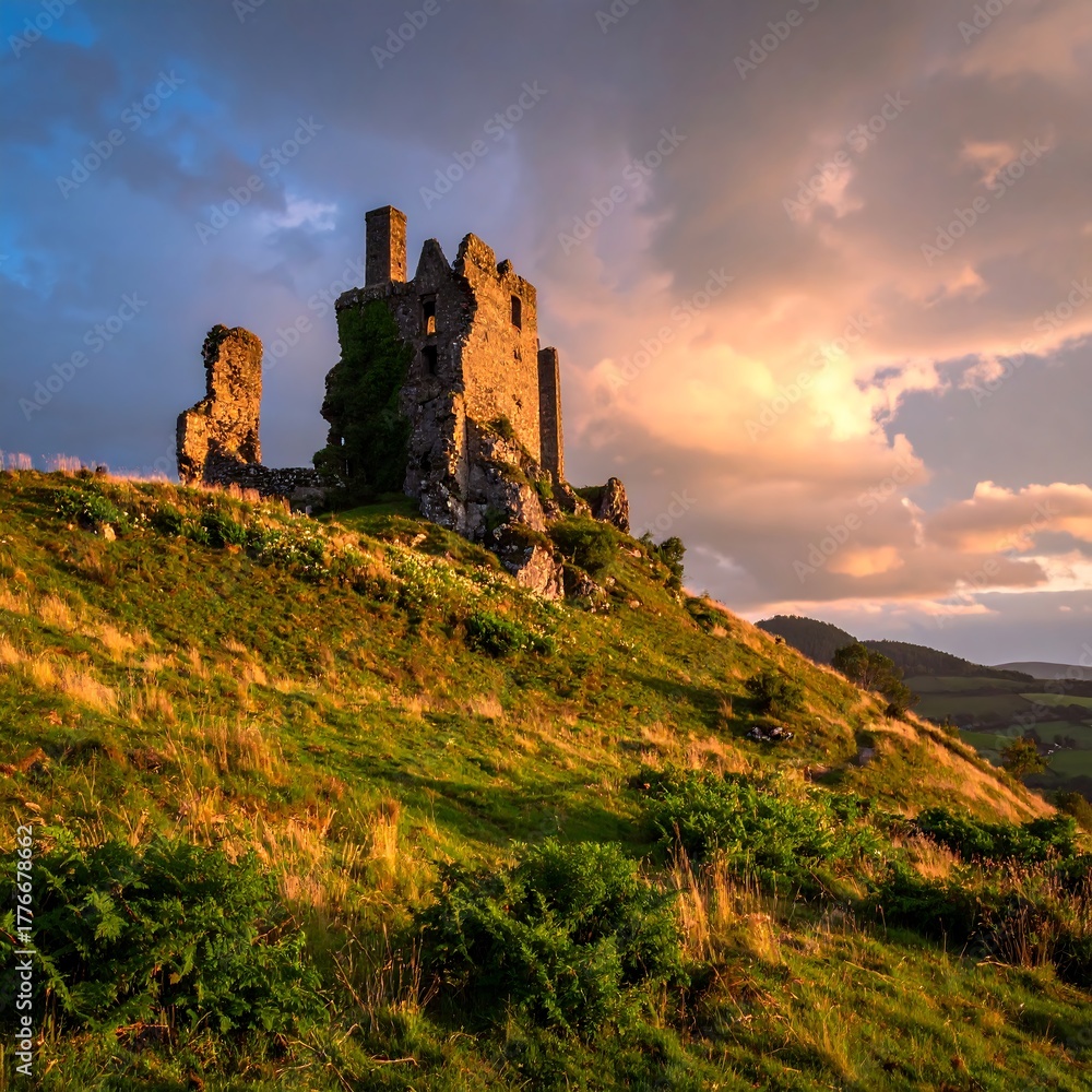 Fototapeta premium Ruined castle atop a grassy hill at sunset
