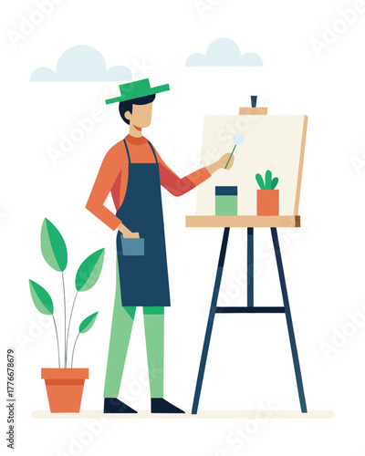 Artist at Easel Painting Creative Occupation Indoor Flat Style Illustration