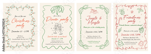 Set of Hand-drawn Christmas invitation template for cocktail parties. Perfect for Jingle and Mingle events. Charming, coquette style with festive motifs