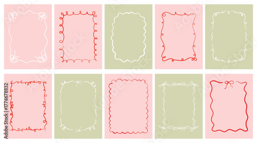 Pink and green Christmas border in vintage doodle style with bow, ribbon, and lights. Ideal festive frame for invitations, posters, placards, and holiday design projects