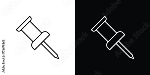Push pin icon pixel perfect. Outline symbol. Simple linear drawing.