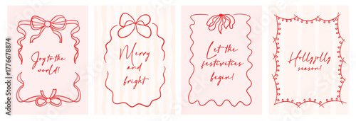 Merry Christmas card set in retro hand-drawn doodle style with bow and ribbon frames, stripe accents, and  typography. Perfect for holiday banners, posters, and cover templates