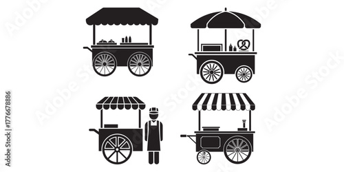 Simple black and white illustration of a classic food vendor cart, Vintage Food Cart Icon with Wheels and Awning in Black and White Silhouette black white silhouette vintage food cart, Black