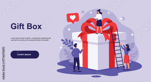 Men and women wrapping and decorating festive gift boxes with ribbons and bows, holiday and birthday present preparation, cheerful surprise gift concept, flat isometric vector illustration