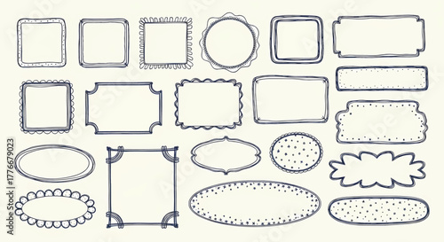 Collection of hand-drawn doodle frames and borders in various shapes, vintage sketch style vector illustration