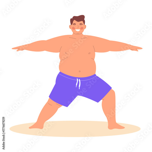 Smiling plus size man practicing warrior yoga pose, Virabhadrasana. Modern flat vector illustration of a male character promoting body positive, self acceptance, wellness, mens healthy lifestyle